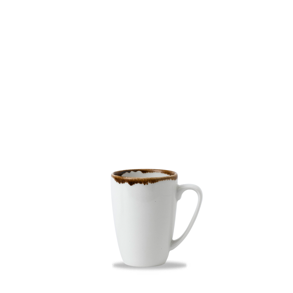 Weiße Tasse mit braunem Rand.