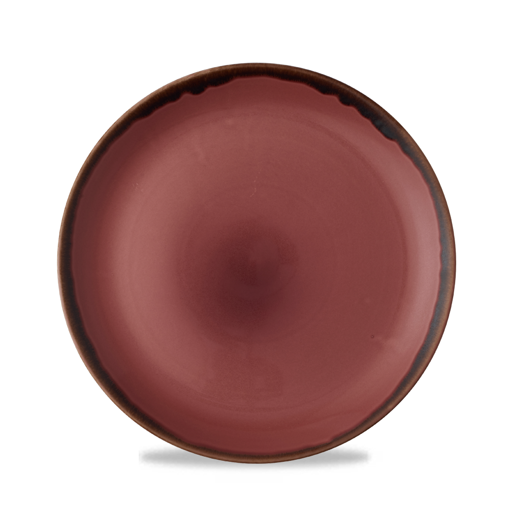 Roter Teller mit dunklem Rand.