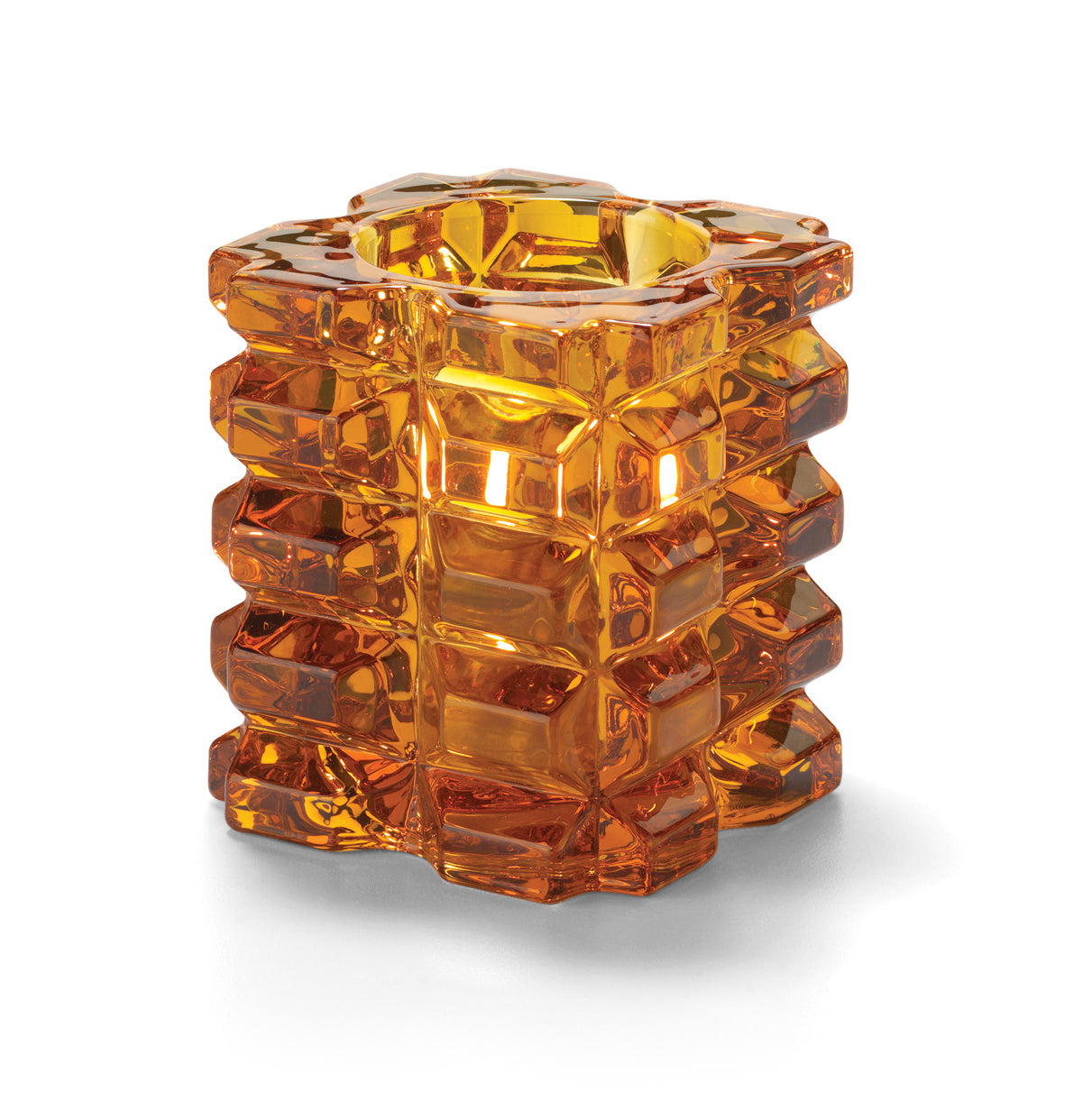 Orangefarbener, strukturierter Glasbehälter.
