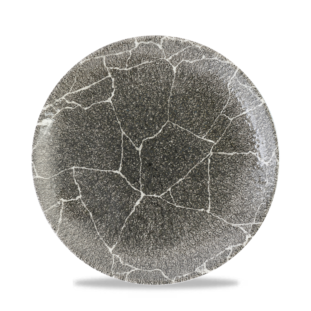 Grauer, strukturierter, runder Teller.