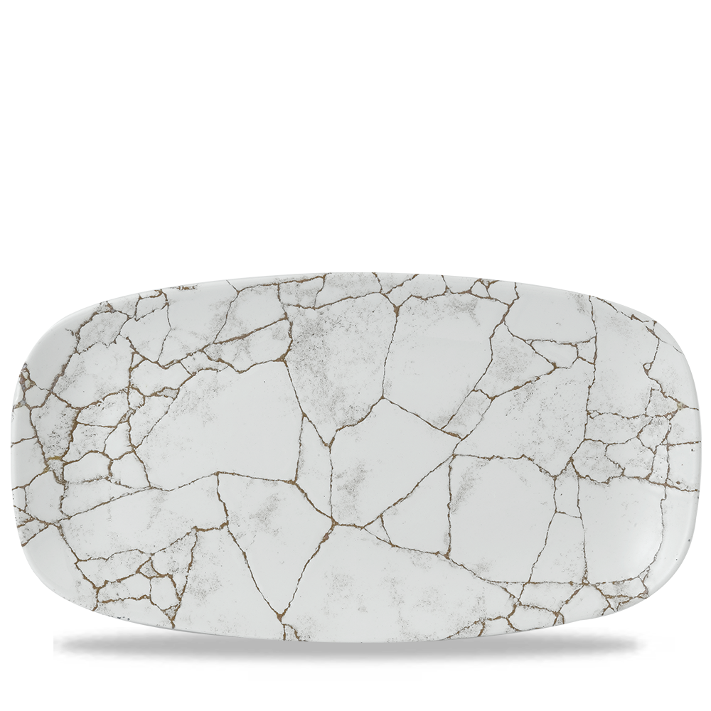 Rechteckiger Teller mit Marmoroptik.