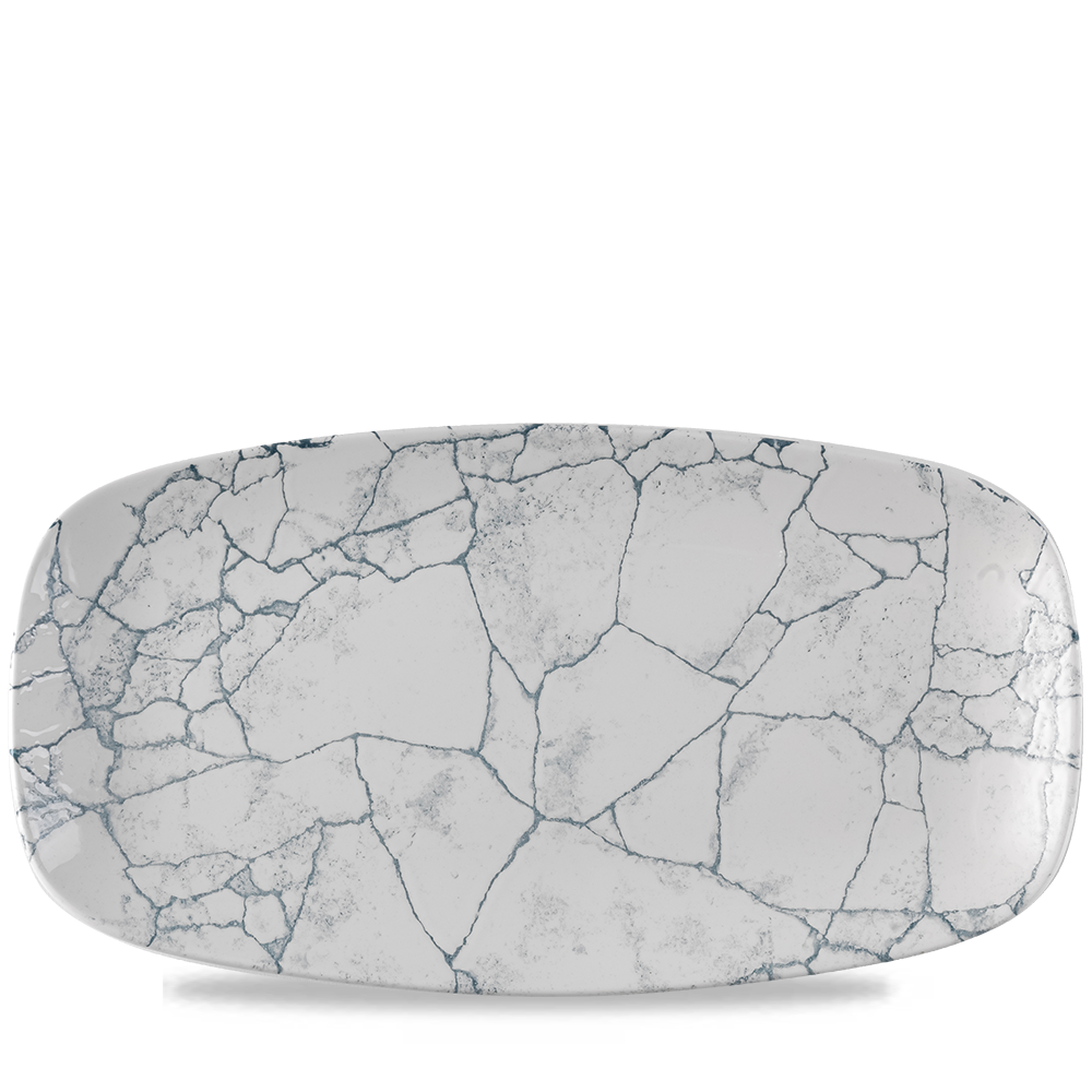 Rechteckiger Teller mit Marmoroptik.