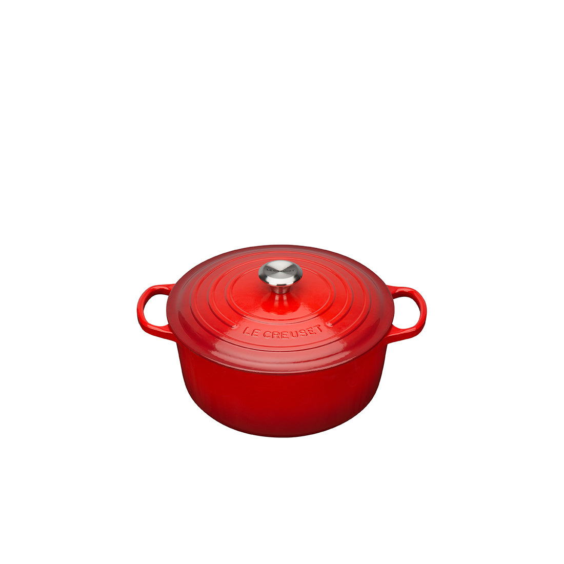 Roter Bräter mit Deckel und Griffen.
