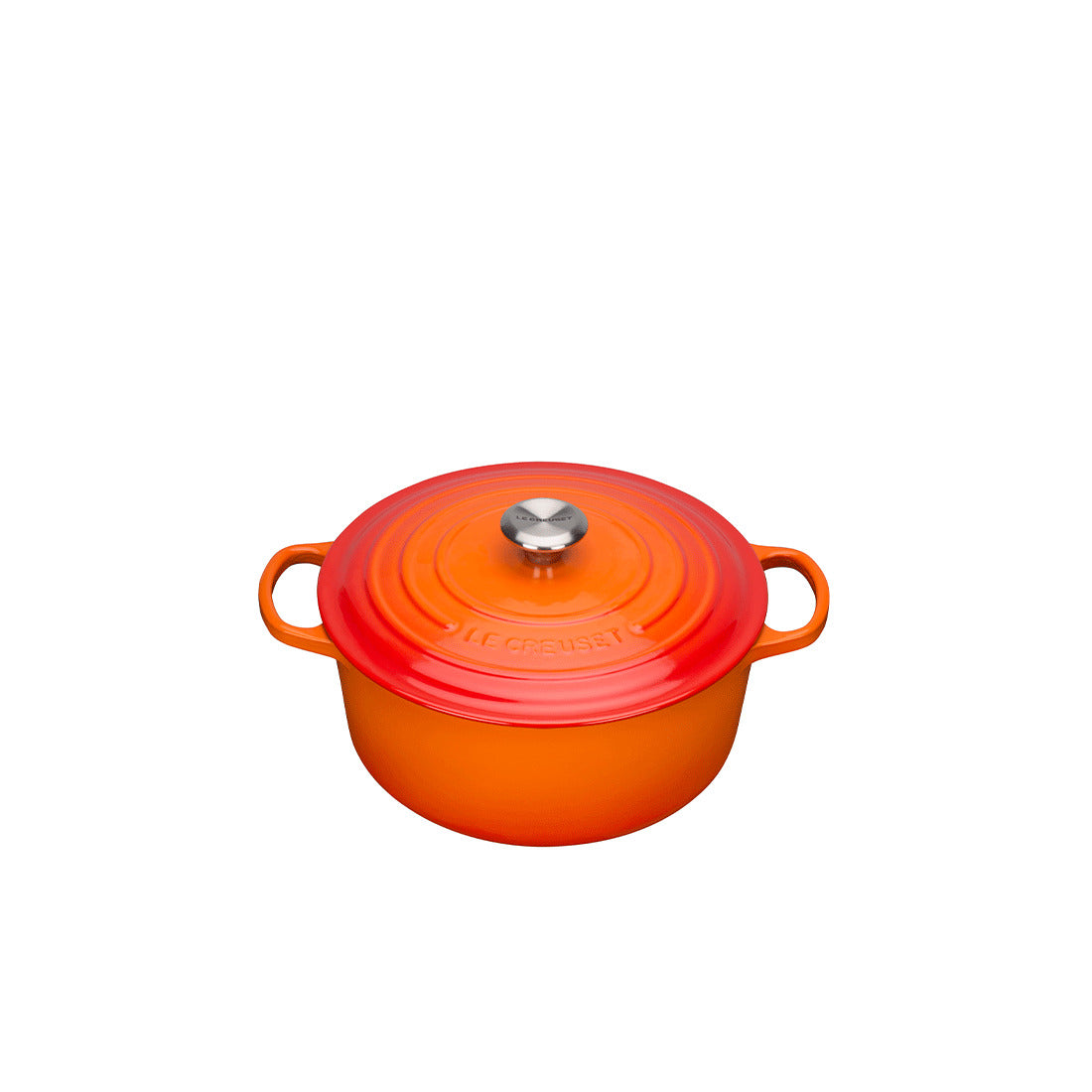 Oranger Topf mit Deckel und Griffen.