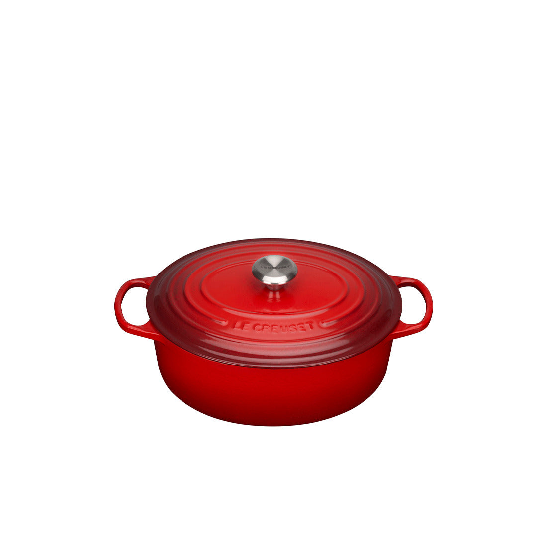 Roter Bräter mit Deckel und Griffen.