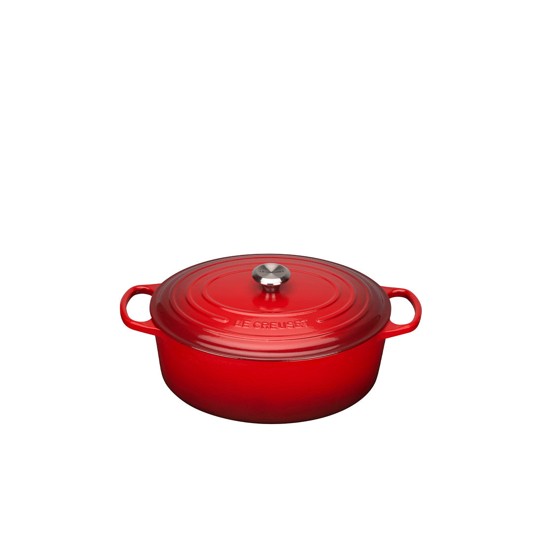 Roter Bräter mit Deckel und Griffen.