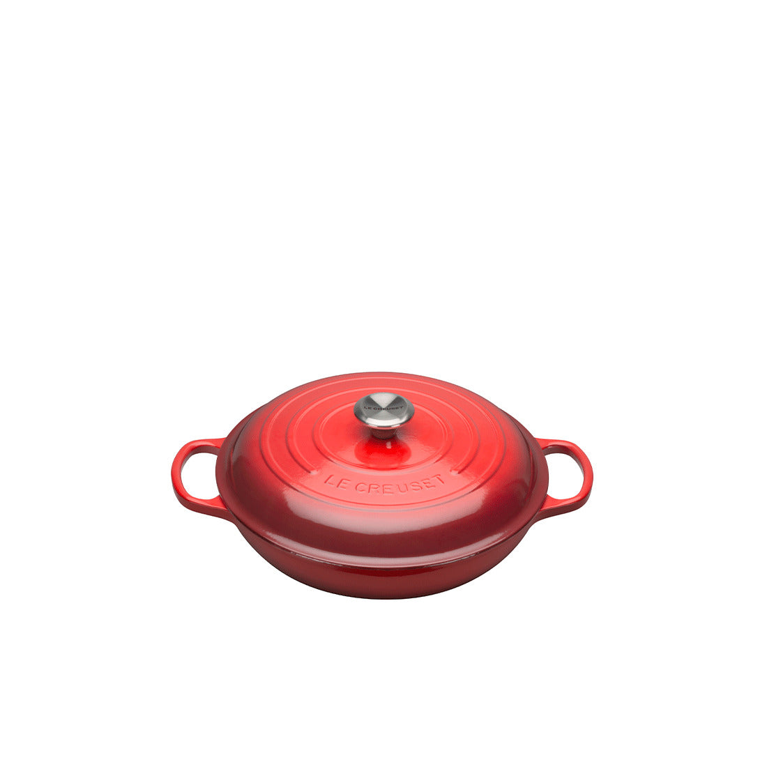 Roter Bräter mit Deckel und Griffen.