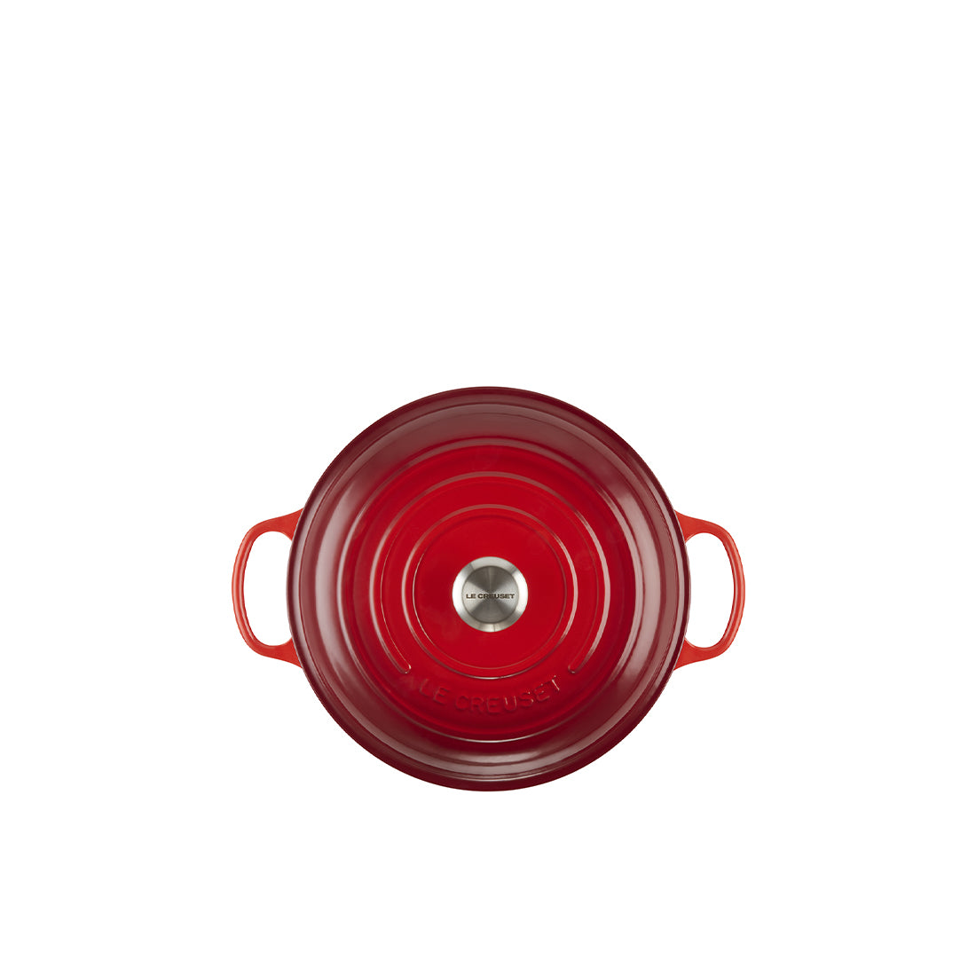 Roter Bräter mit Deckel, Draufsicht.