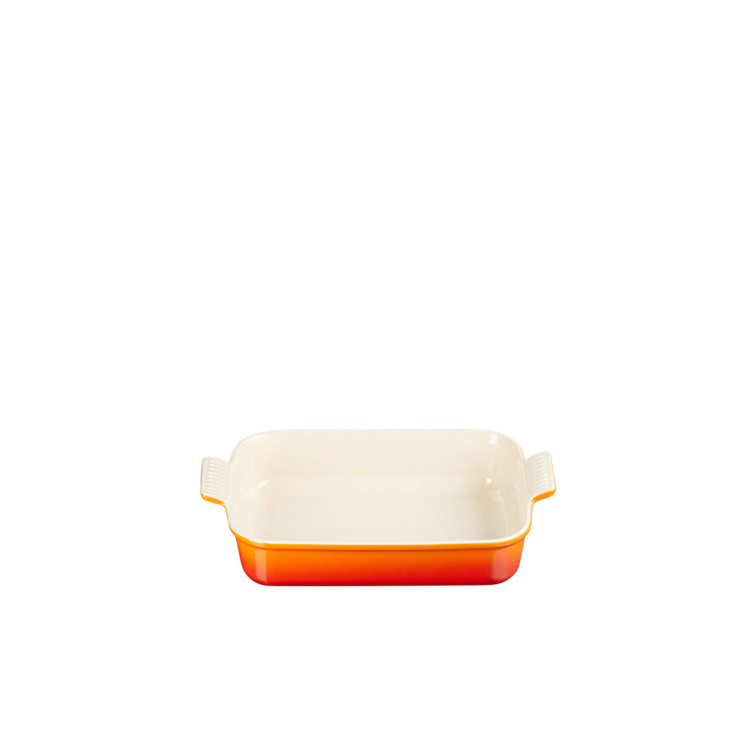 Rechteckige Auflaufform, orange-weiß.