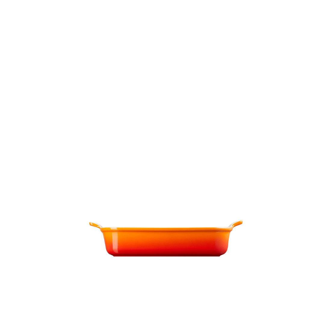 Rechteckige Auflaufform, orange-weiß.
