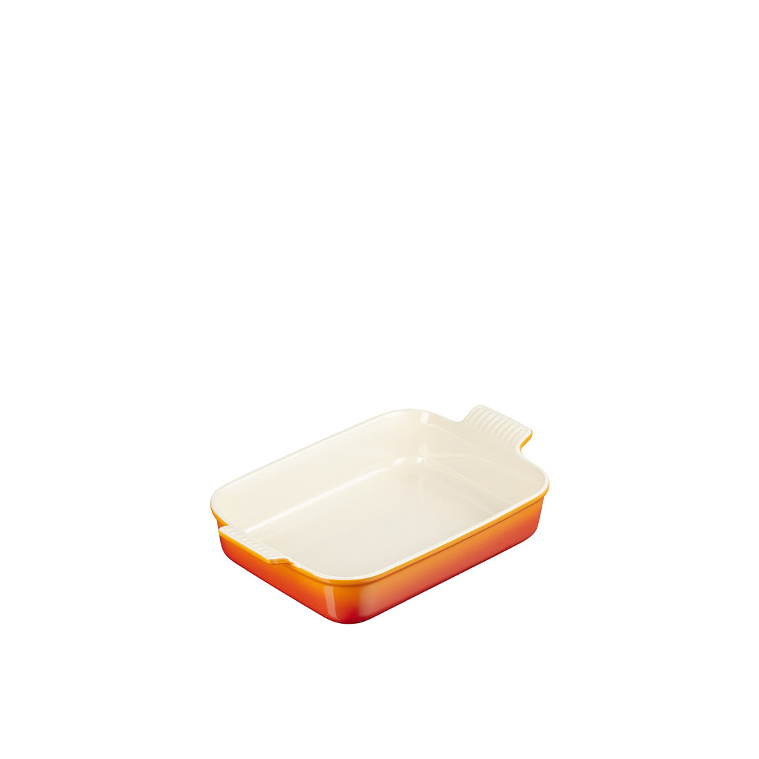 Rechteckige Auflaufform, orange-weiß.