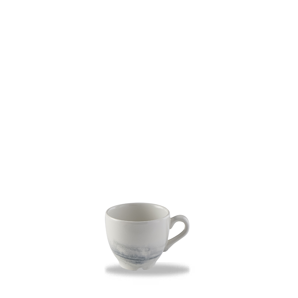 Weiße Tasse mit grauem Muster.