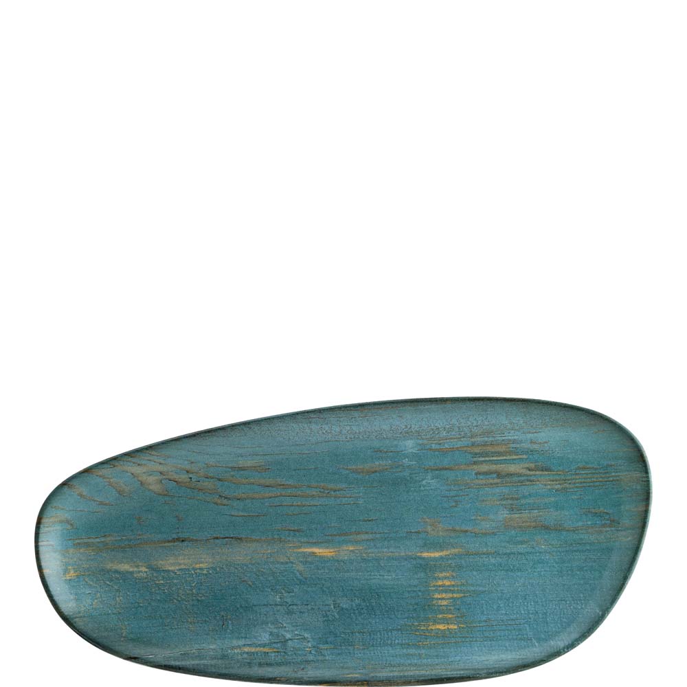 Blau-grüner, ovaler Keramikteller.