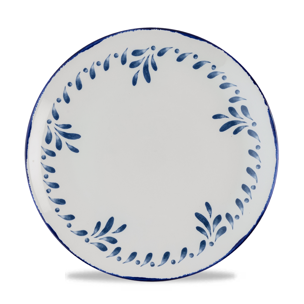 Weißer Teller mit blauem Muster.