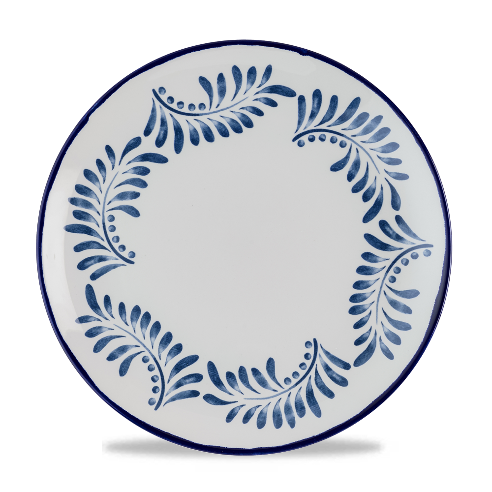 Teller mit blauem Blattmuster.
