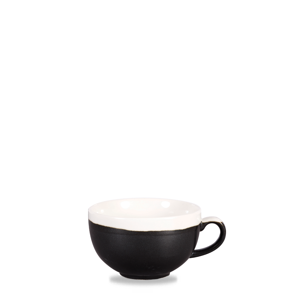 Schwarze Tasse mit Henkel.