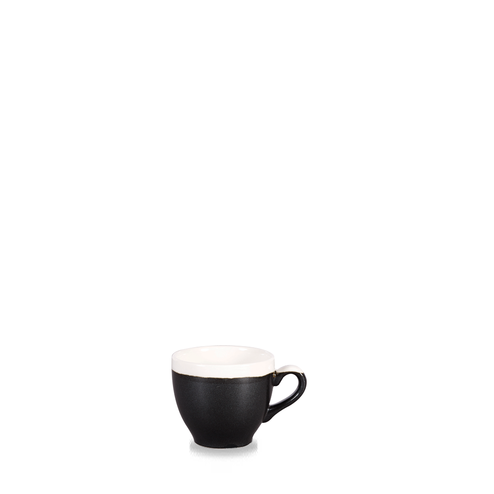 Schwarze Tasse auf weißem Hintergrund.