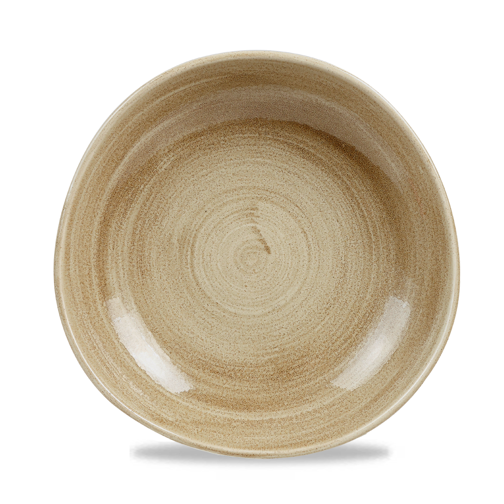 Beiger Teller mit spiralförmigem Muster.
