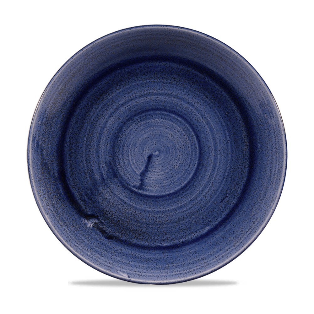 Blauer Teller mit spiralförmigem Muster.