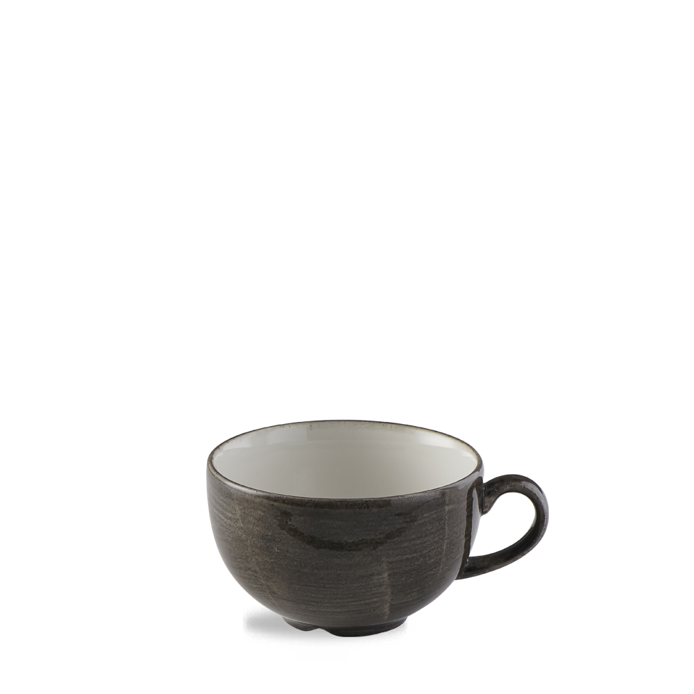 Graue Tasse mit Henkel.