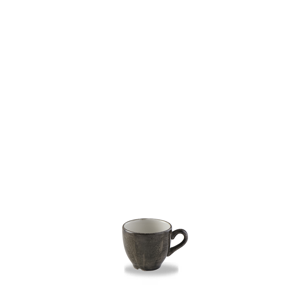 Graue Tasse auf weißem Hintergrund.