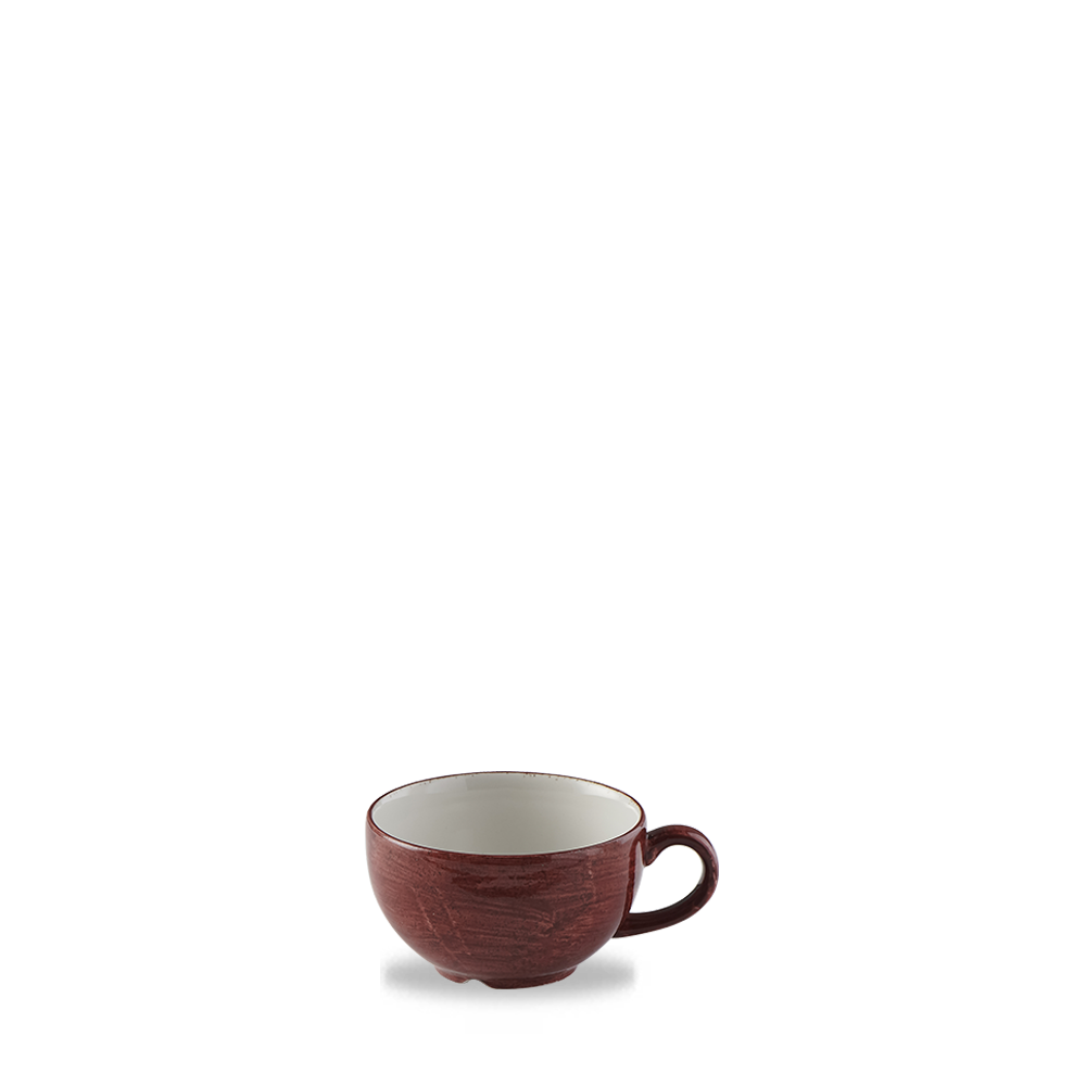 Rote Tasse auf weißem Hintergrund.