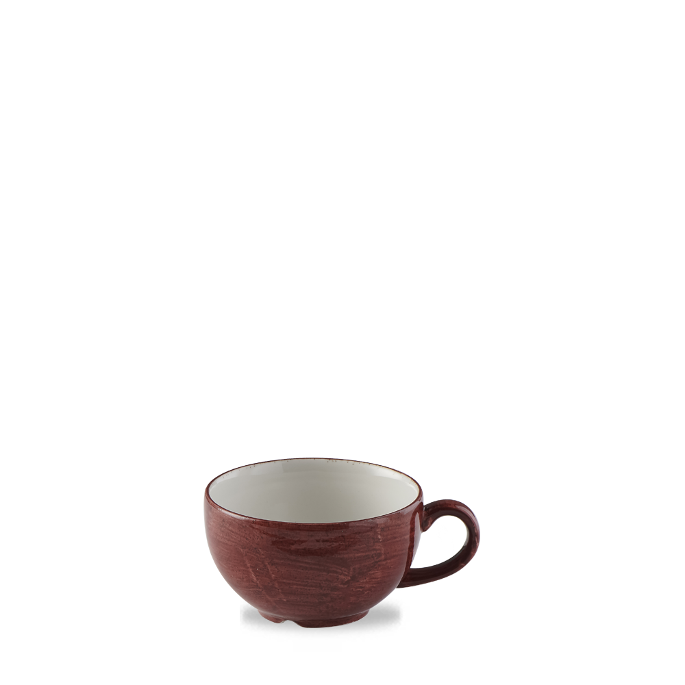 Rote Tasse auf weißem Hintergrund.