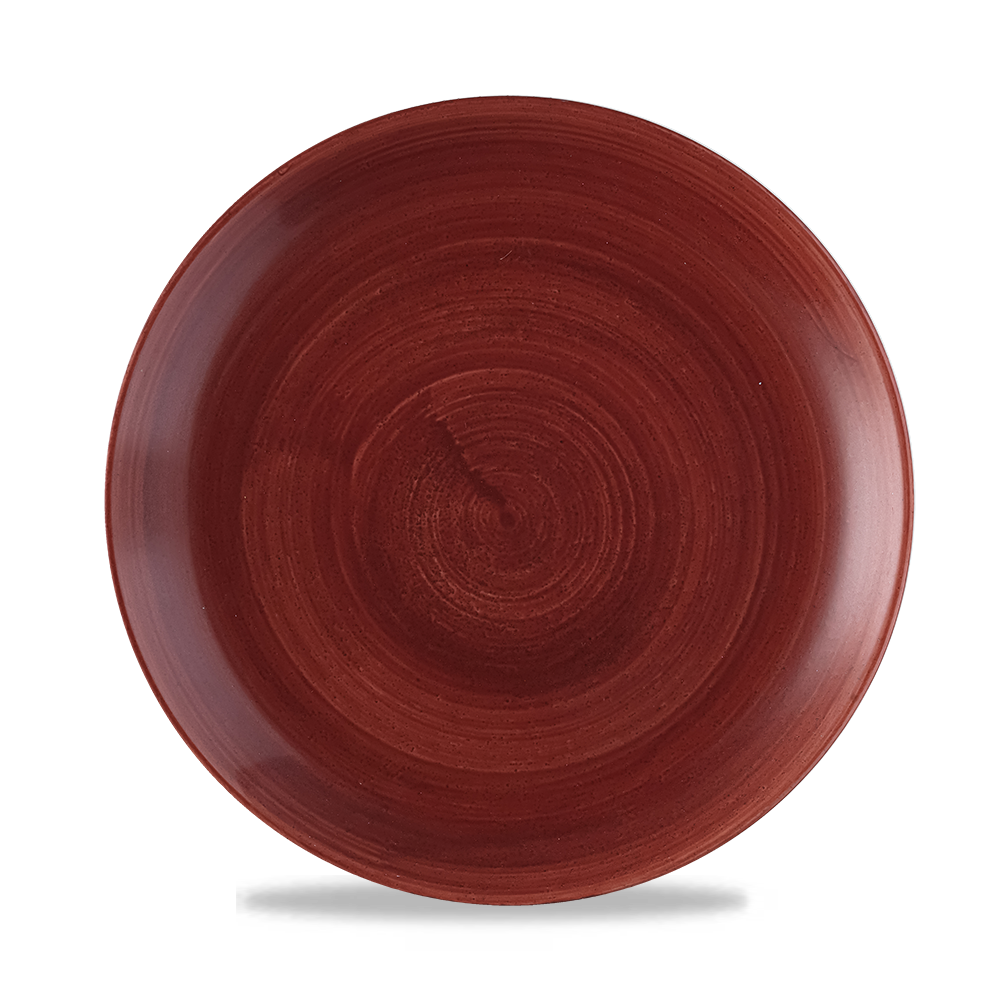 Roter Teller mit Holzoptik.