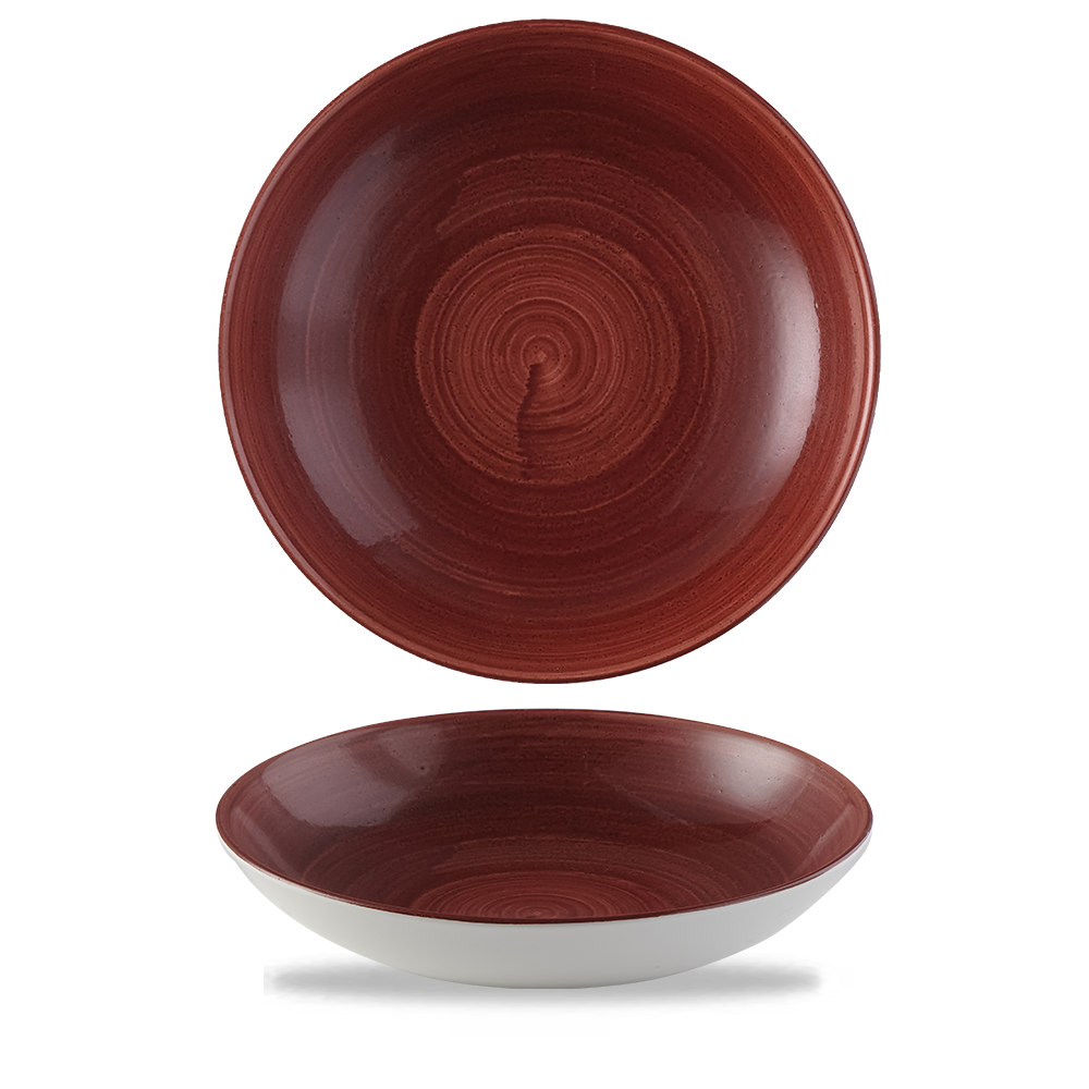 Rote Teller mit spiralförmigem Muster.