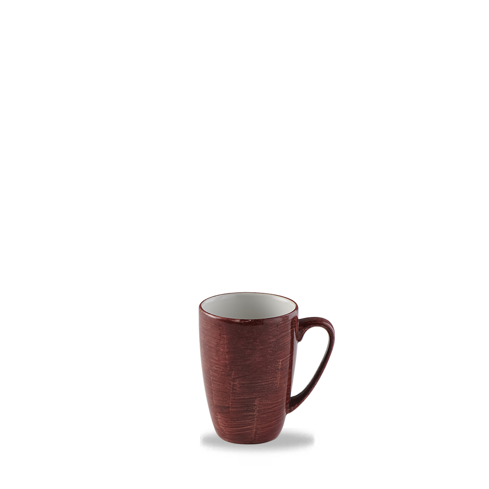 Rote Tasse auf weißem Hintergrund.