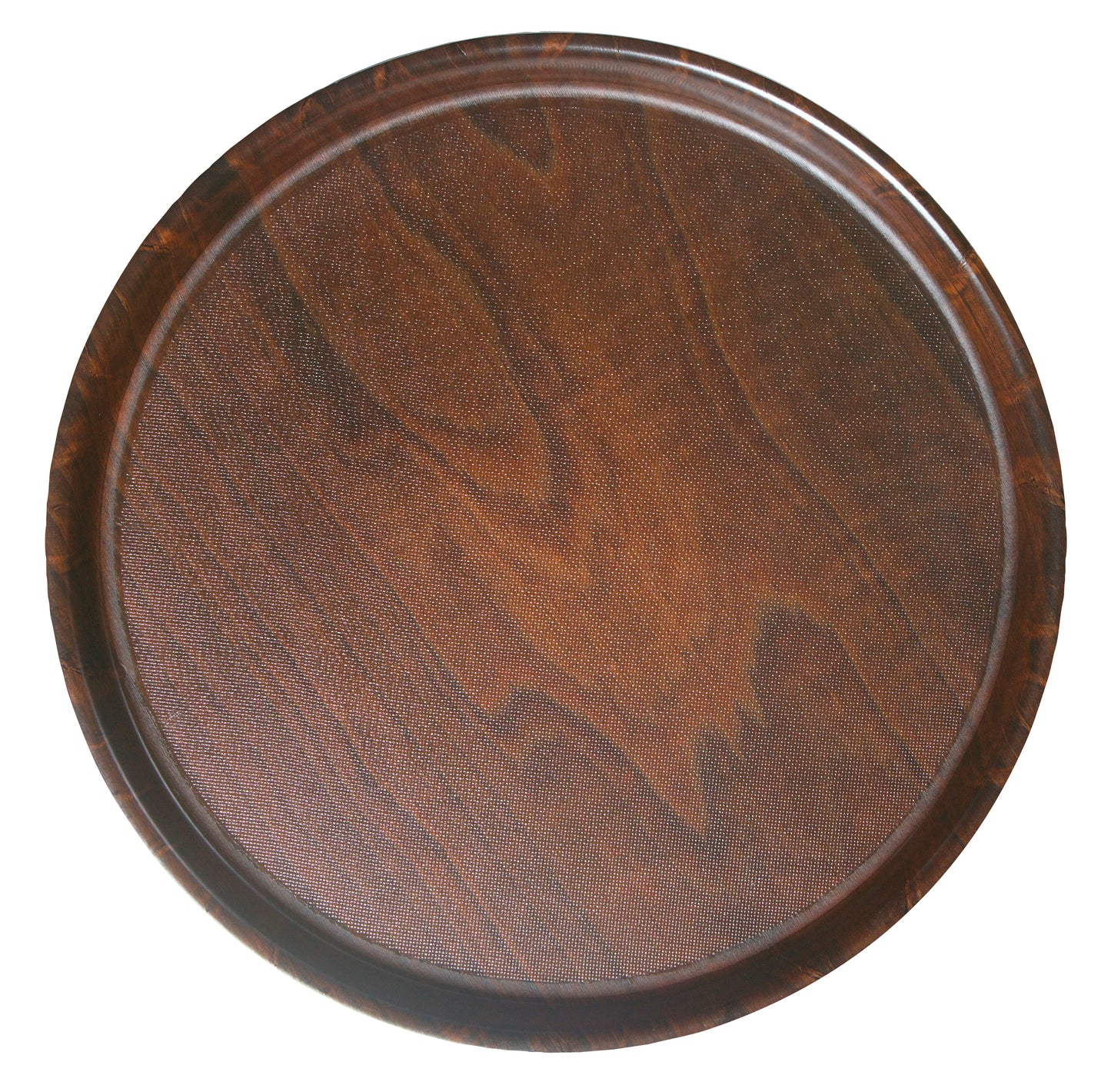 Rundes, braunes Serviertablett aus Holz.