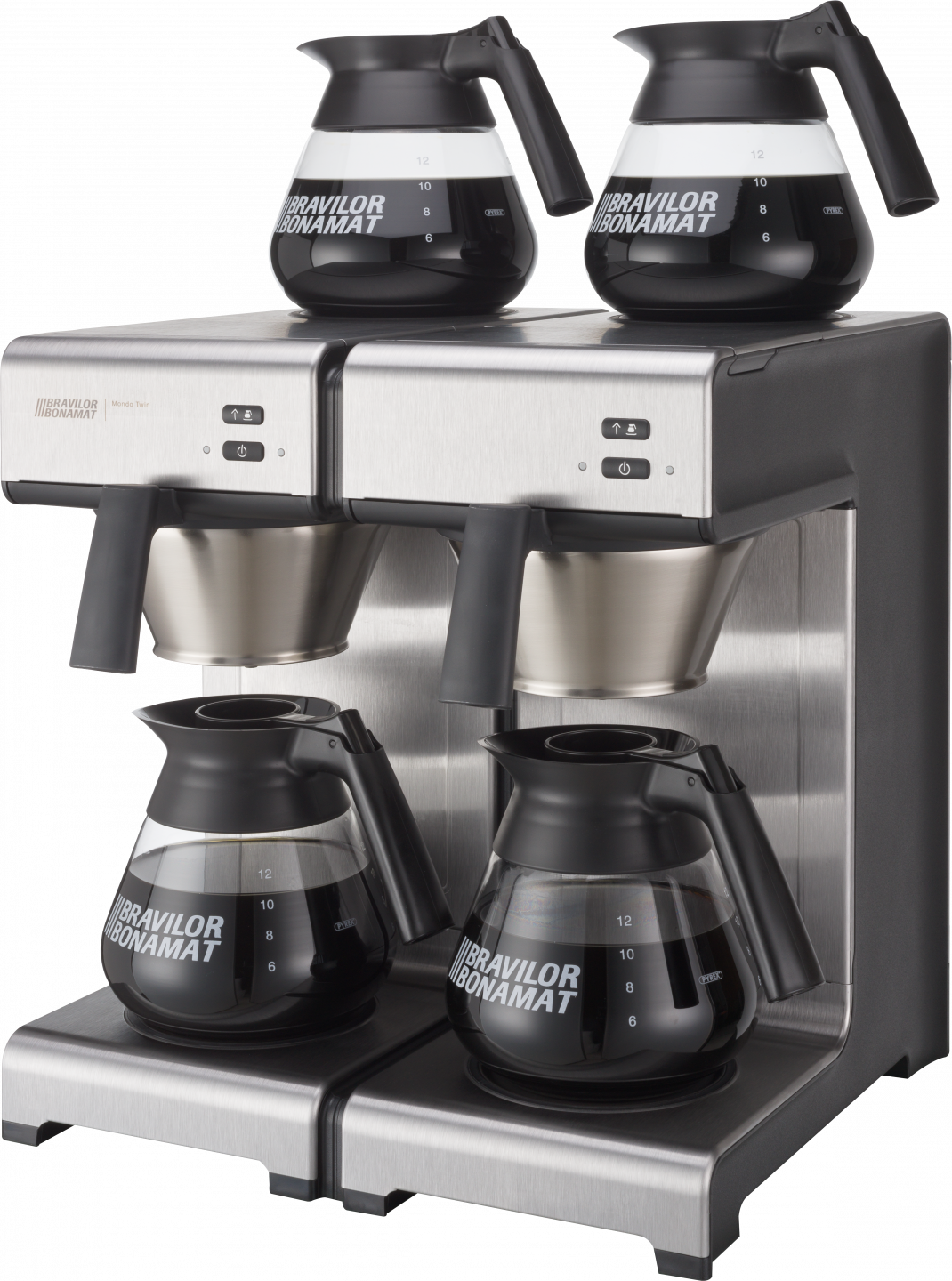Kaffeemaschine mit vier Kannen.