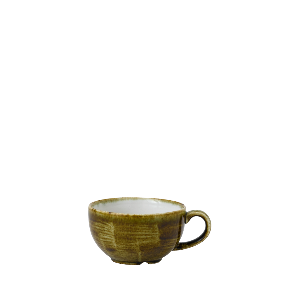 Grüne Keramiktasse auf weißem Hintergrund.
