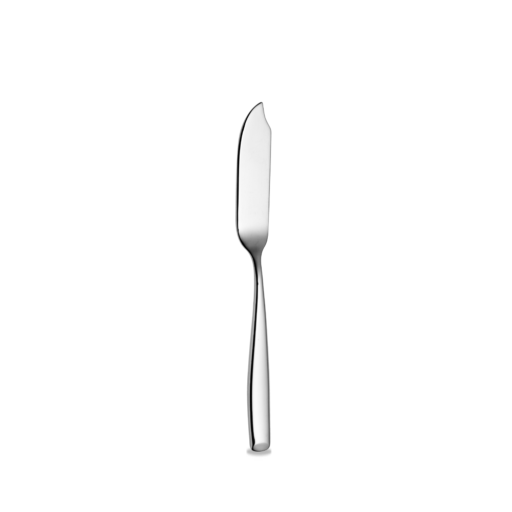 Silbernes Buttermesser auf Weiß.