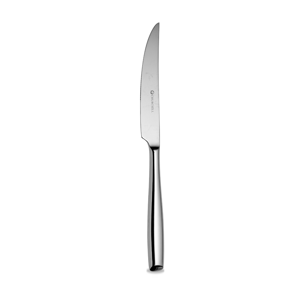 Silbernes Steakmesser auf weißem Hintergrund.