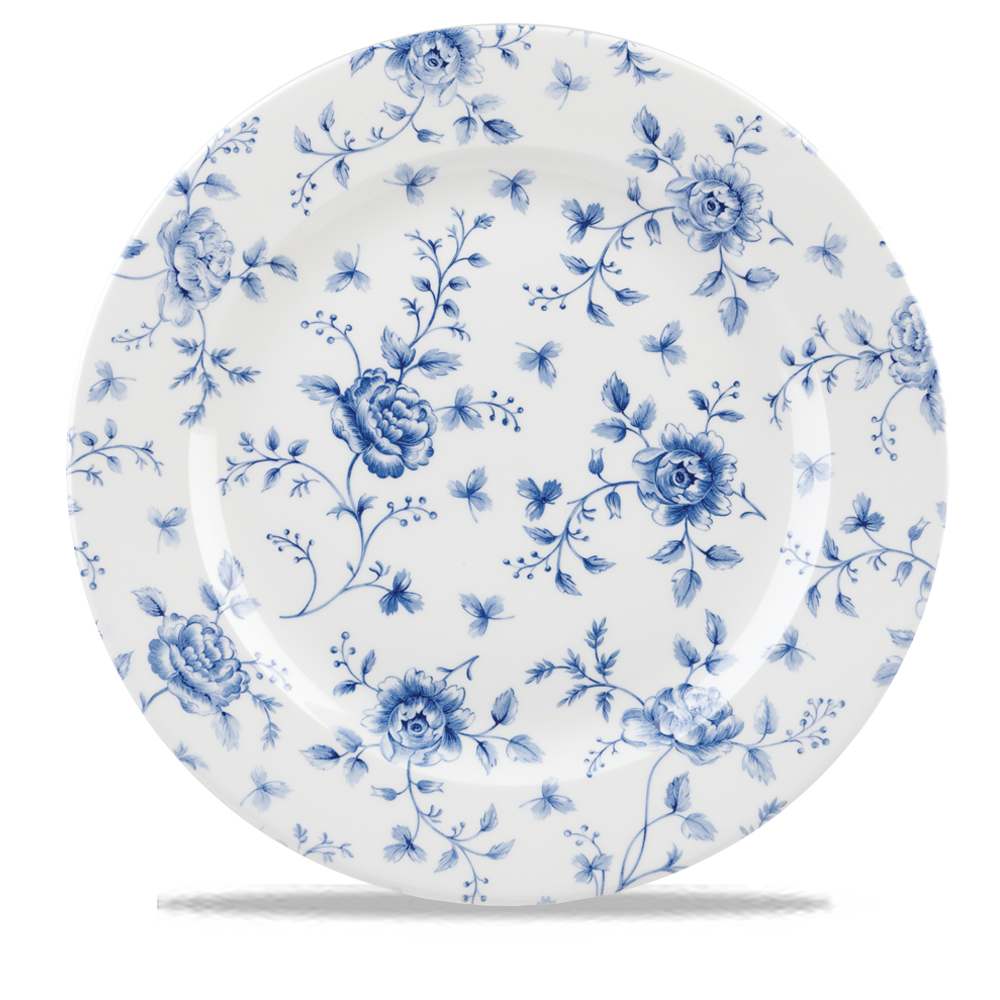 Weißer Teller mit blauem Blumenmuster.