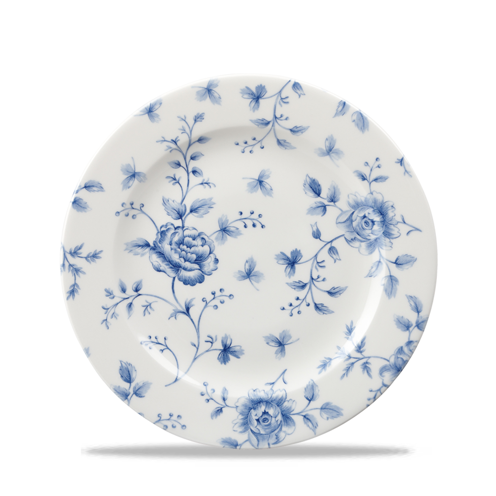 Weißer Teller mit blauem Muster.