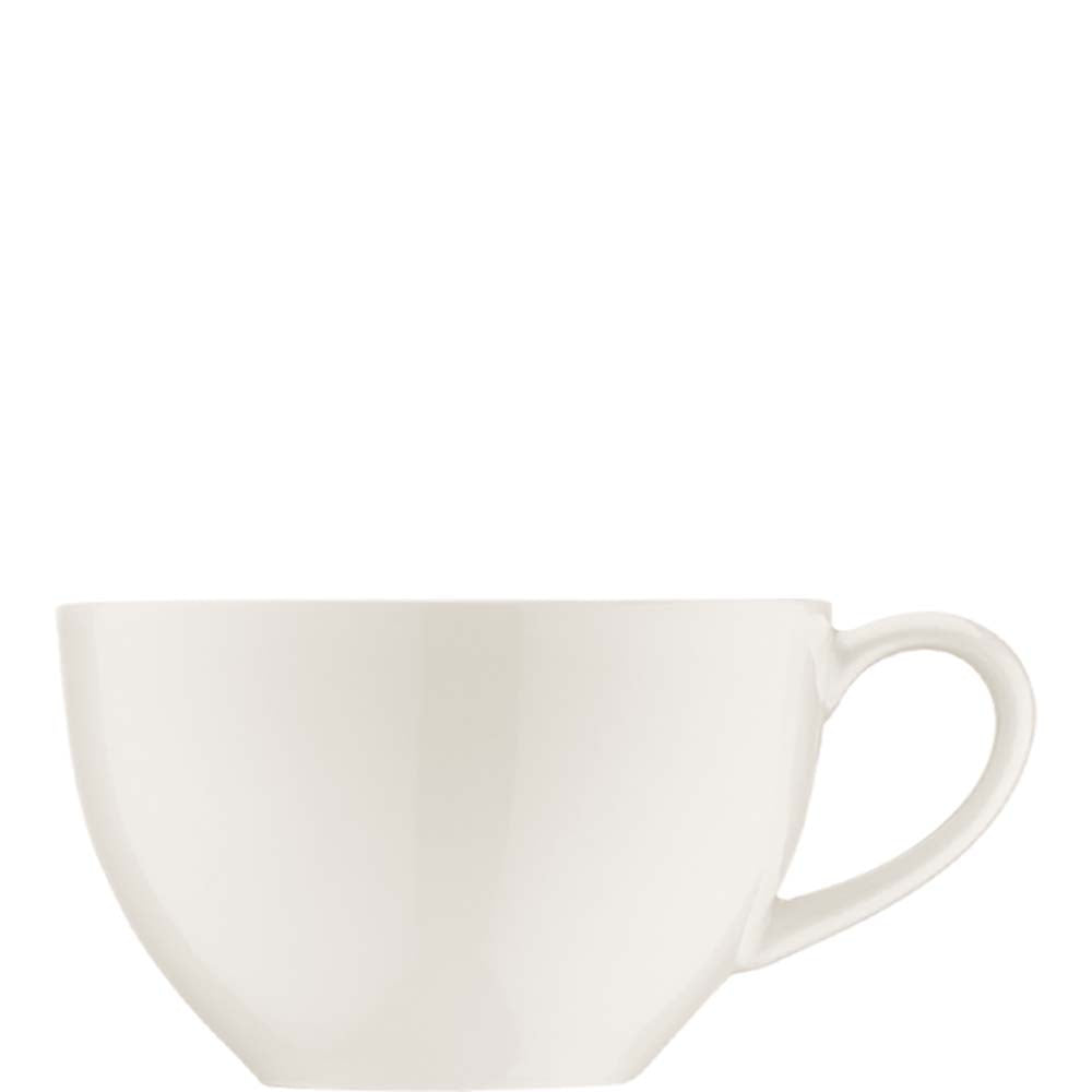 Weiße Tasse vor weißem Hintergrund