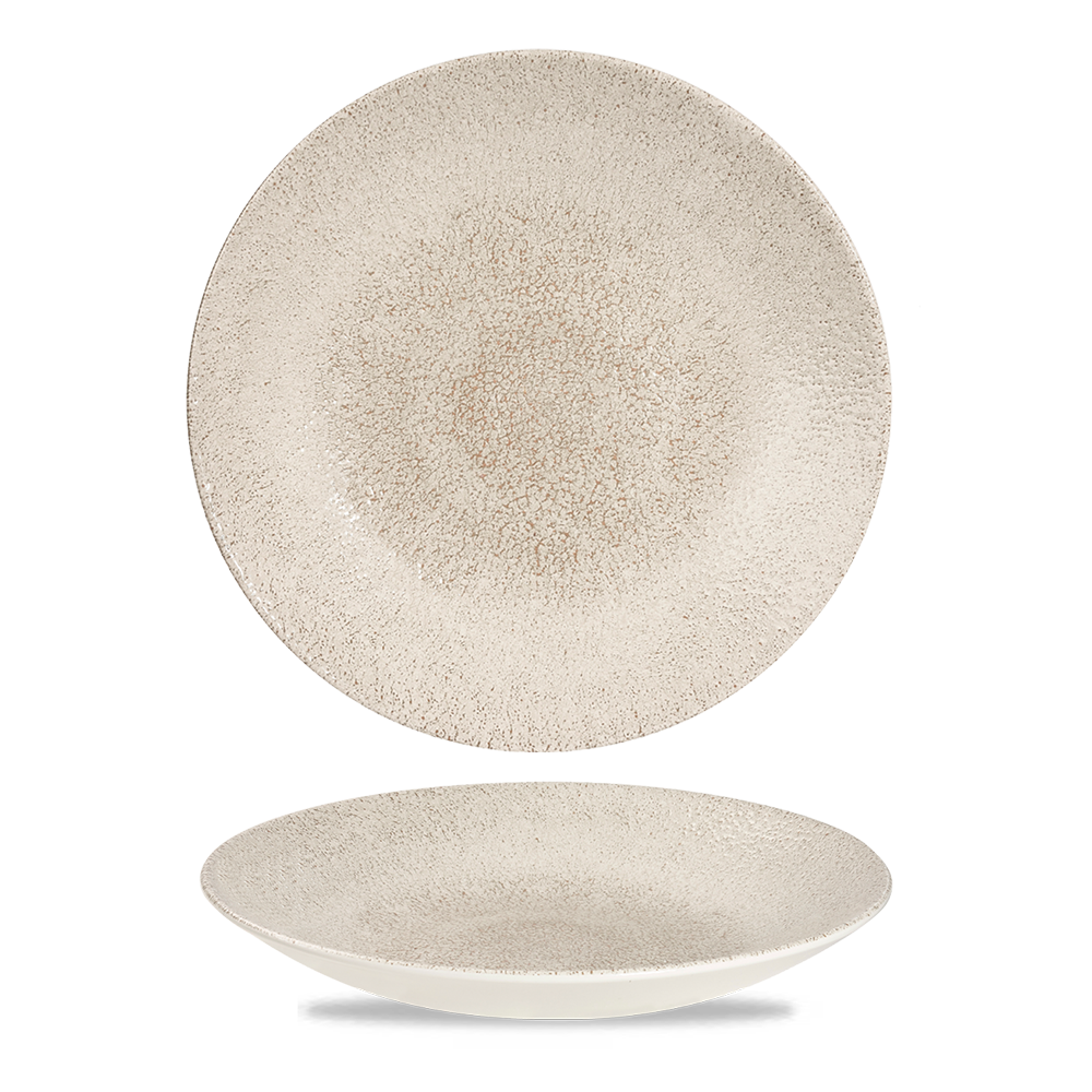 Zwei beige gesprenkelte Teller.