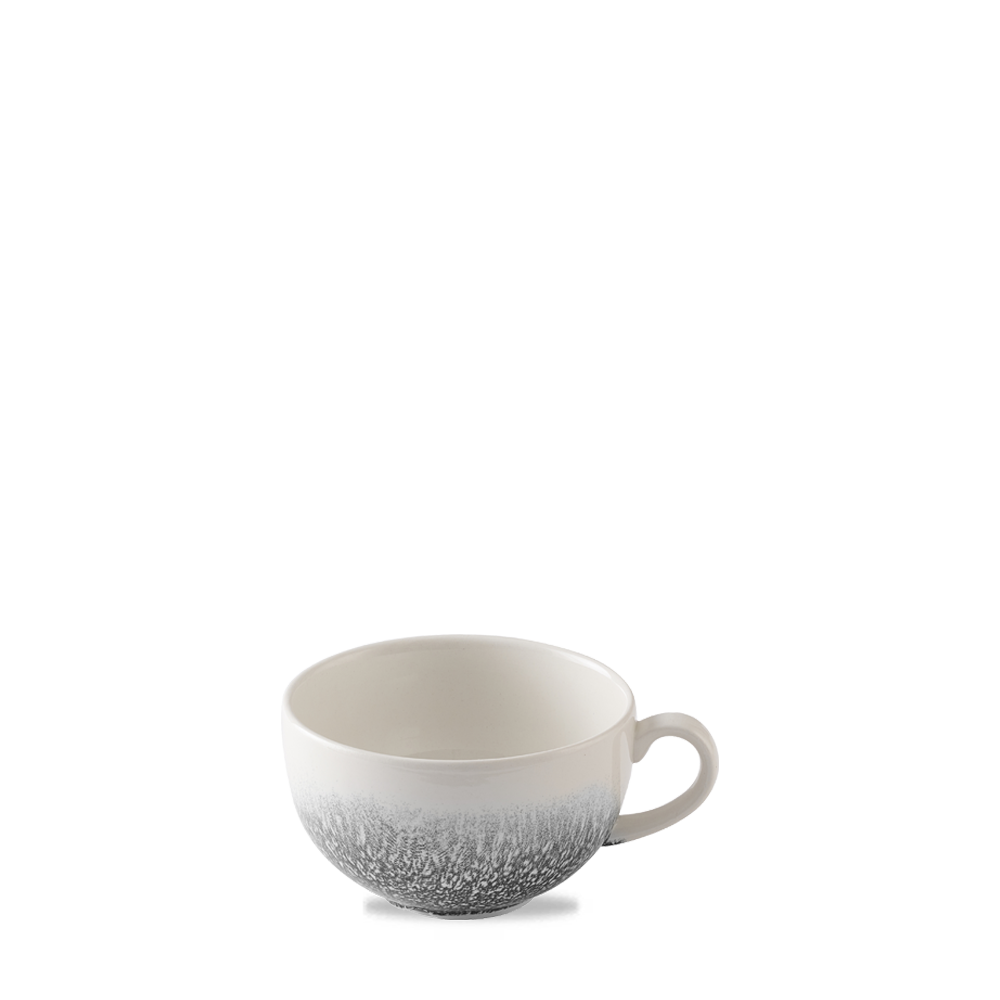 Weiße Tasse mit grauem Muster.