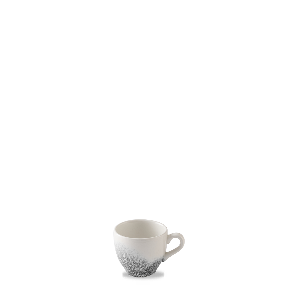 Weiße Tasse mit grauem Muster.