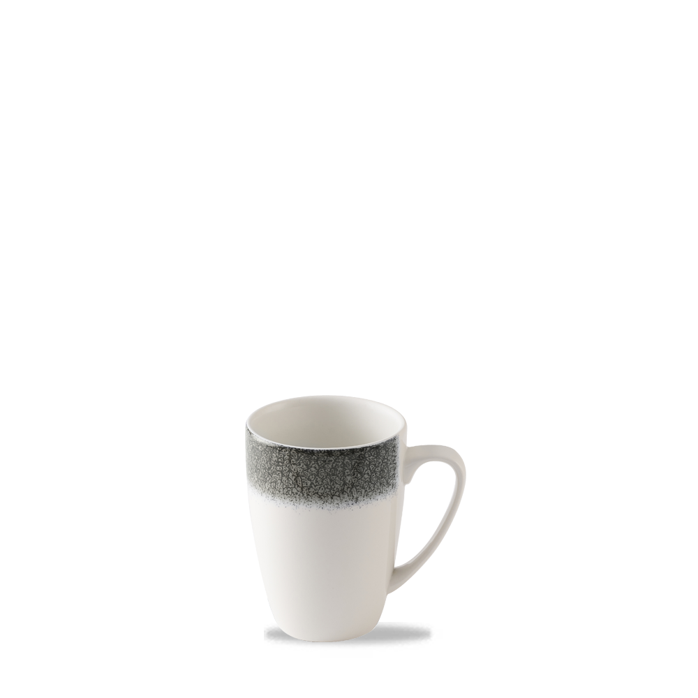 Weiße Tasse mit grauem Rand.