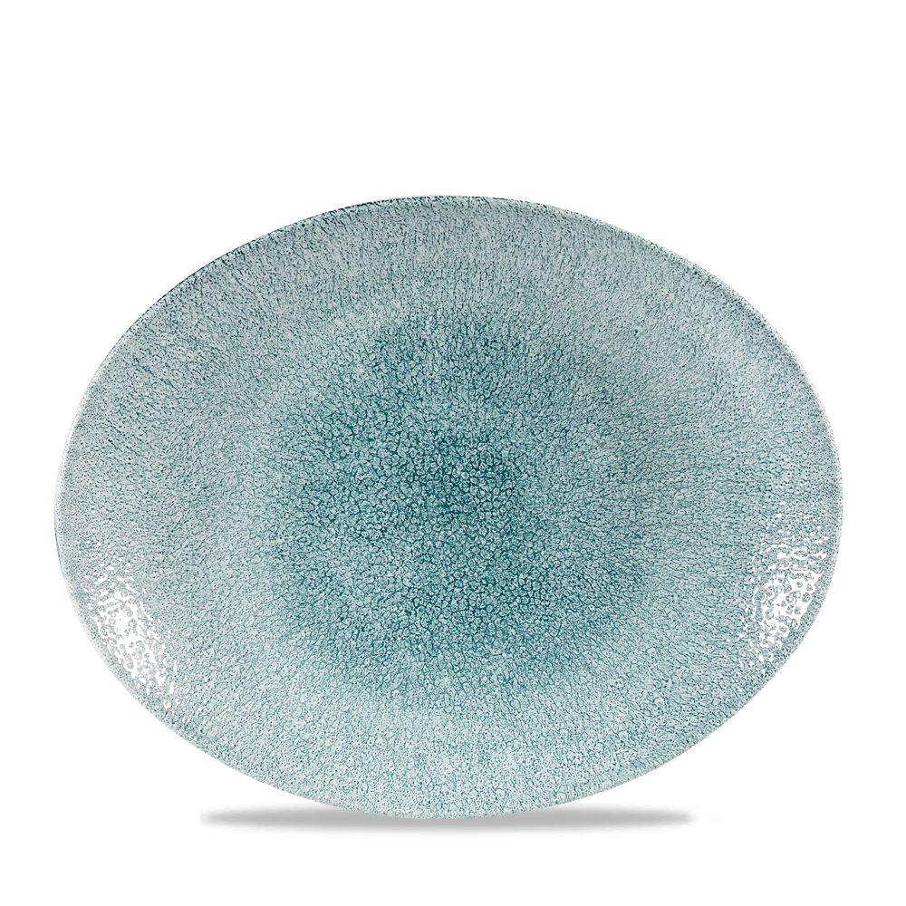 Blauer, strukturierter Teller, oval.