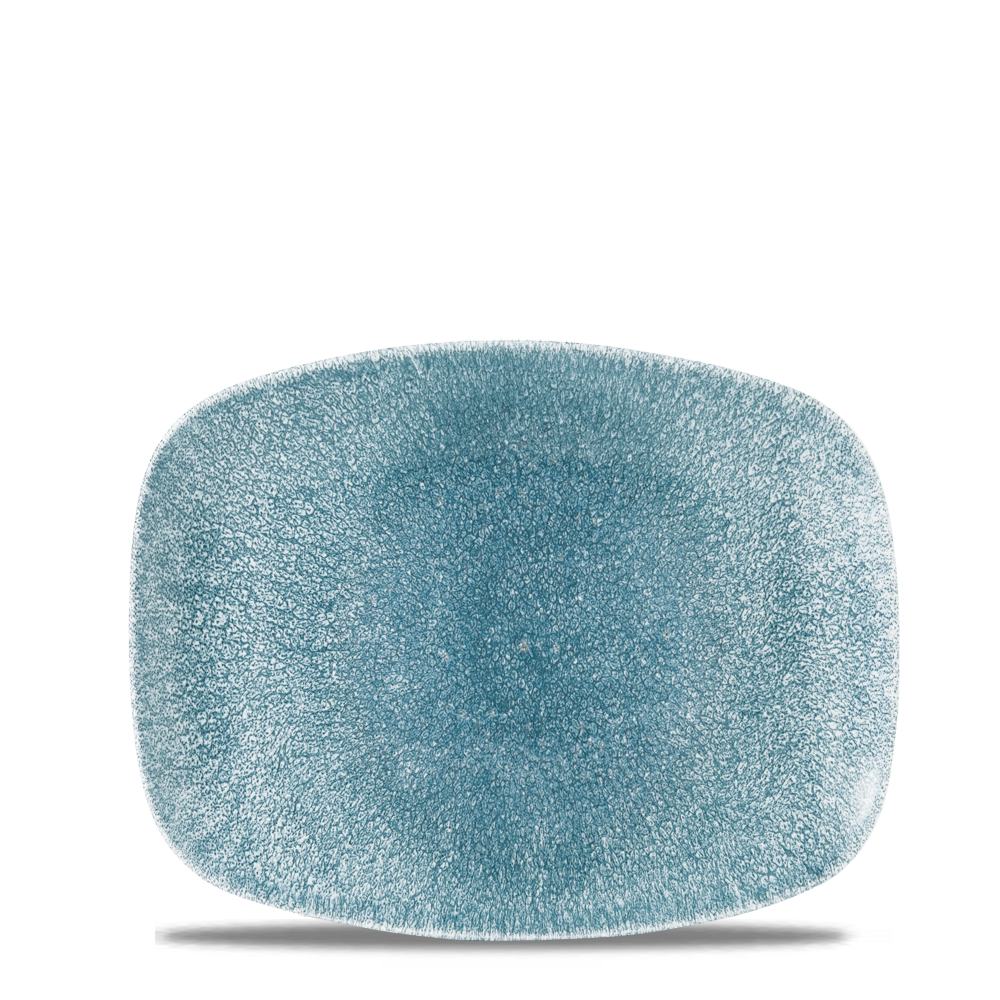 Blauer, rechteckiger Keramikteller.