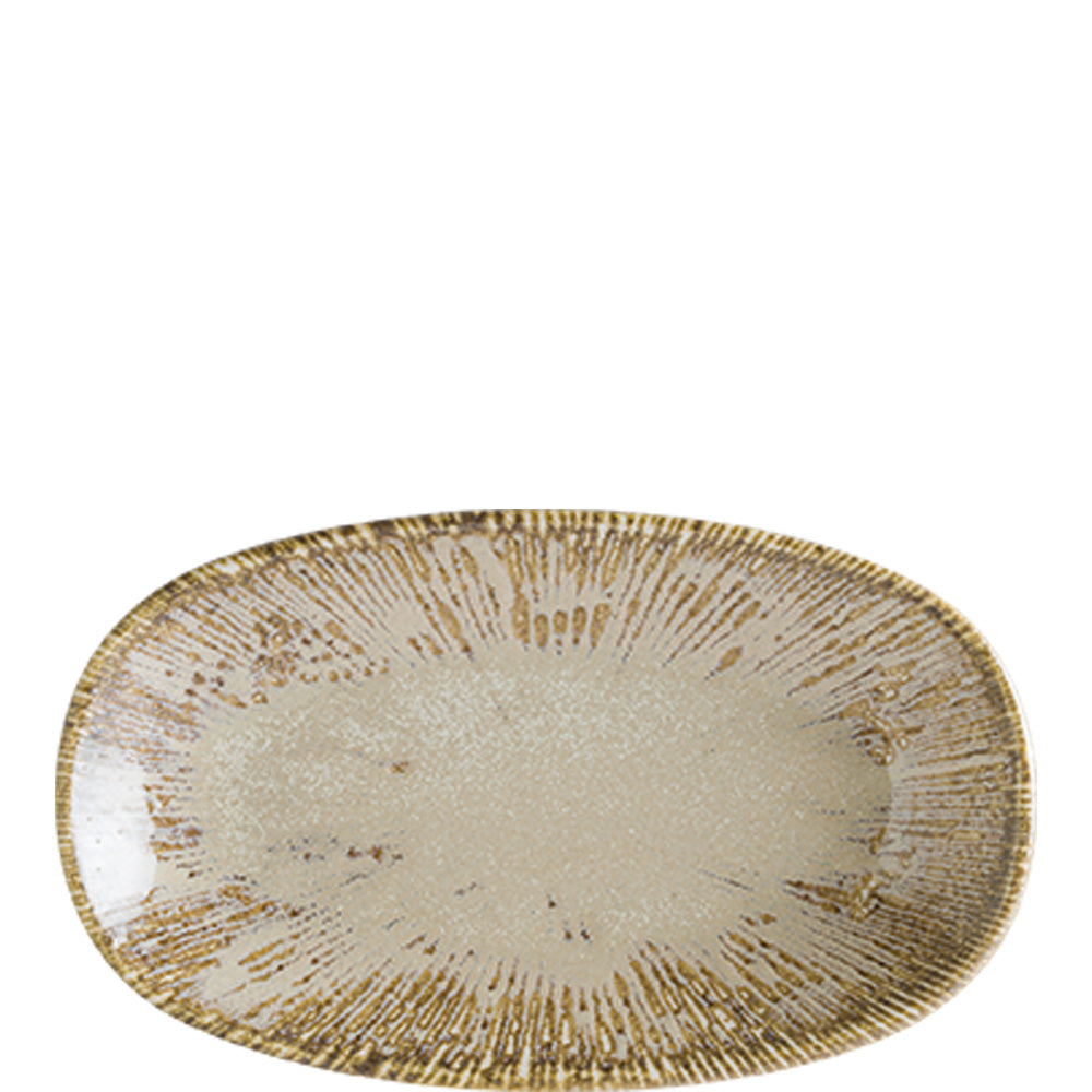 Ovaler, rustikaler Keramikteller, beige.