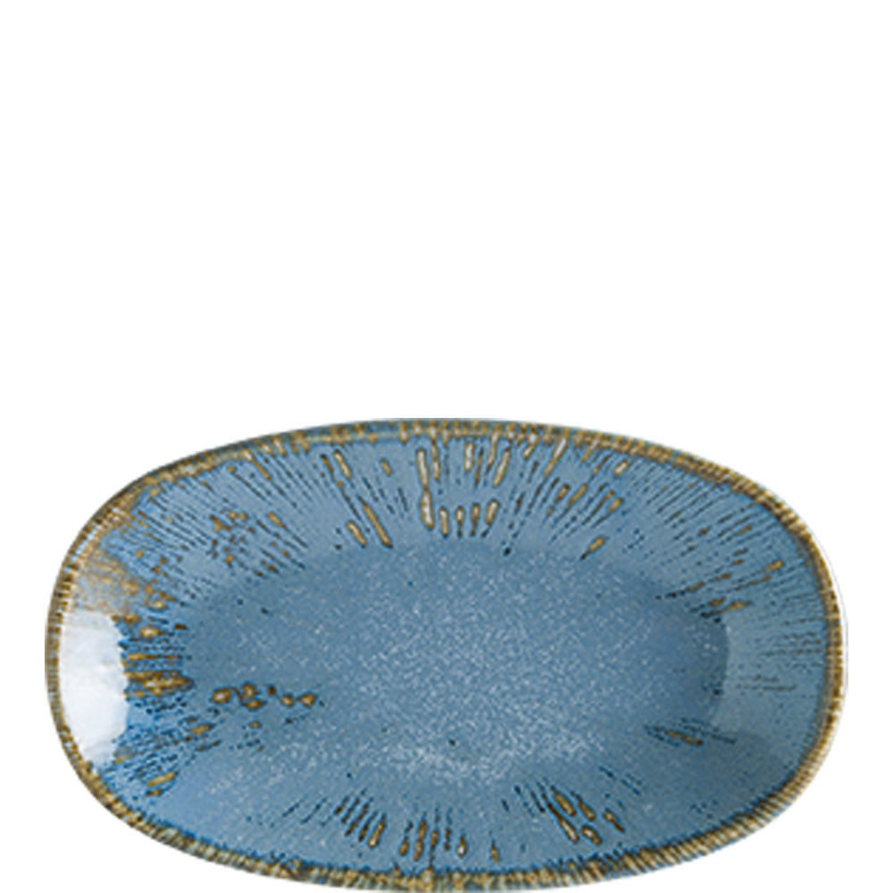 Blauer, rechteckiger Teller mit Muster.