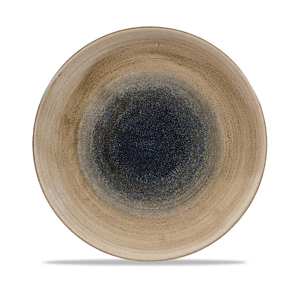 Beiger Teller mit blauem Muster.