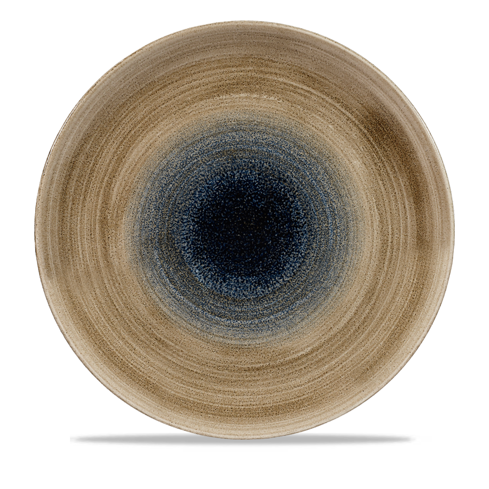 Runder Teller mit blauem Muster.