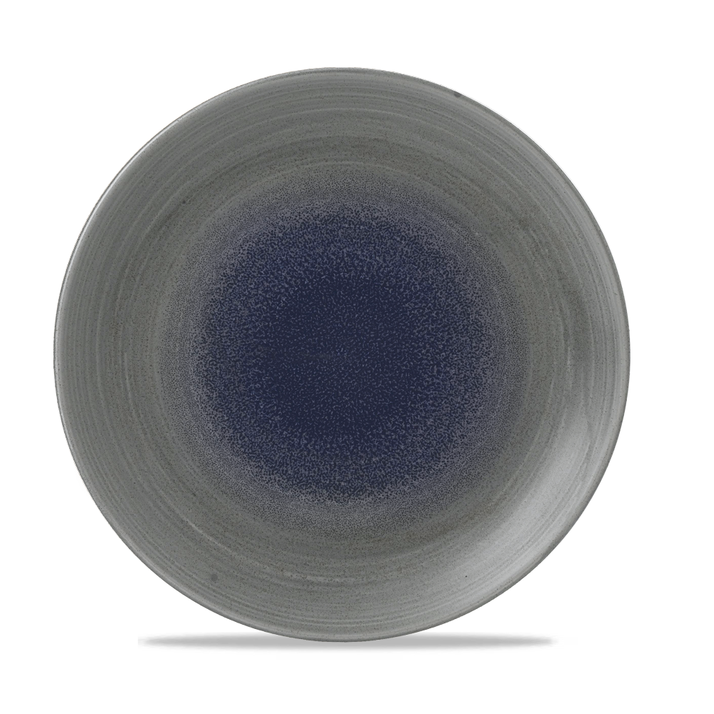 Grauer Teller mit blauem Zentrum.