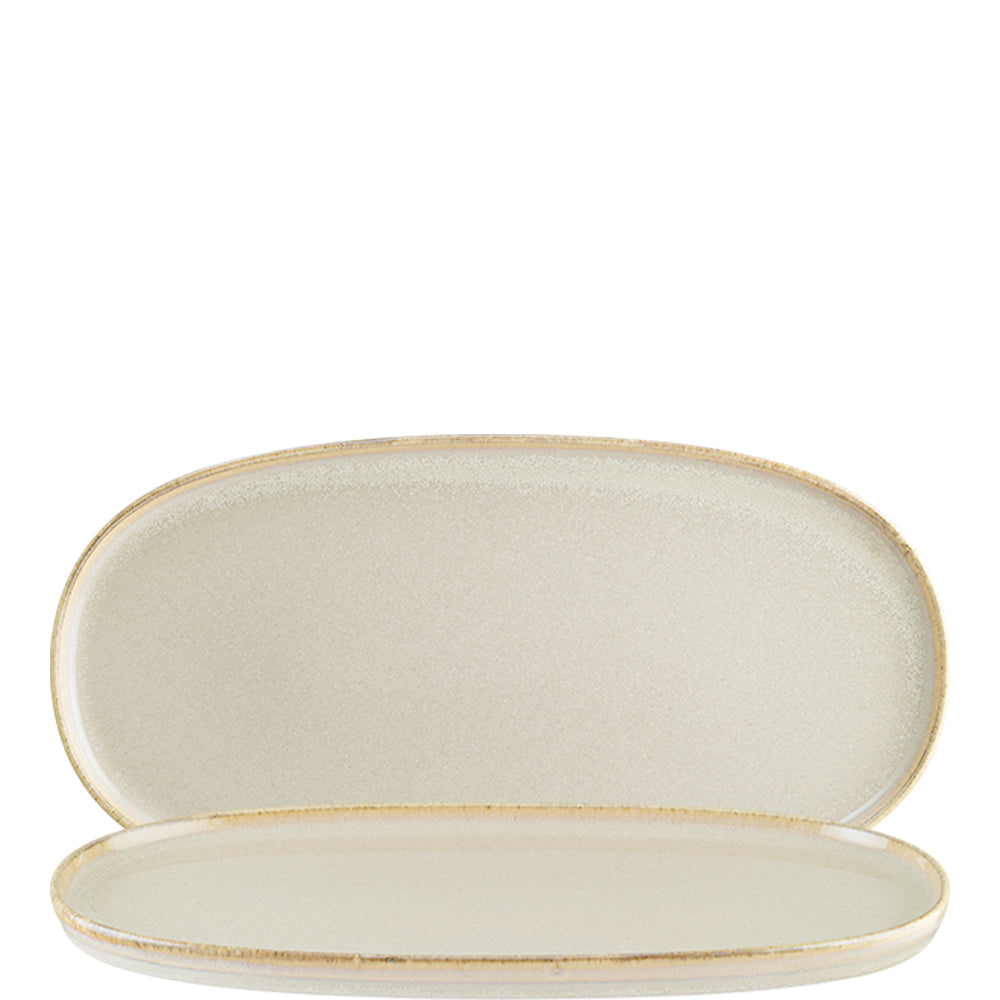 Zwei ovale, beige Servierplatten.